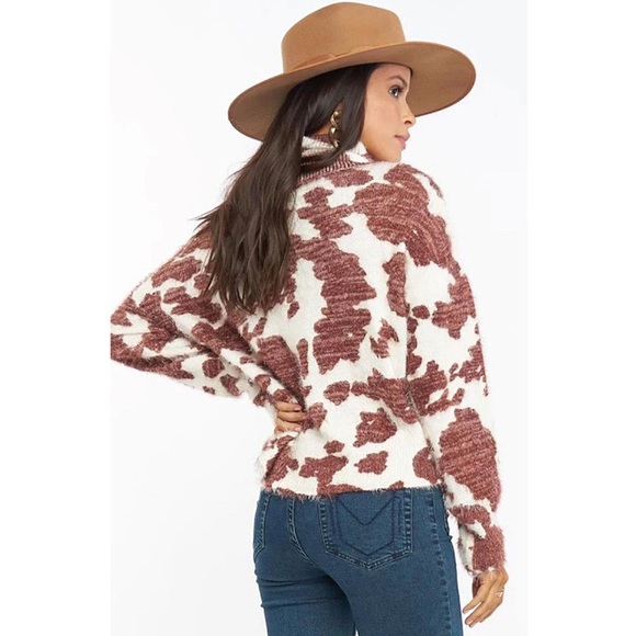 SMYM Frances Holy Cow Print Cowl Neck Fuzzy Sweater - Picture 4 of 11
